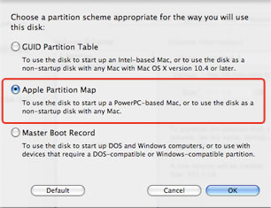 Select Apple Partition Map on Mac OS 10.5